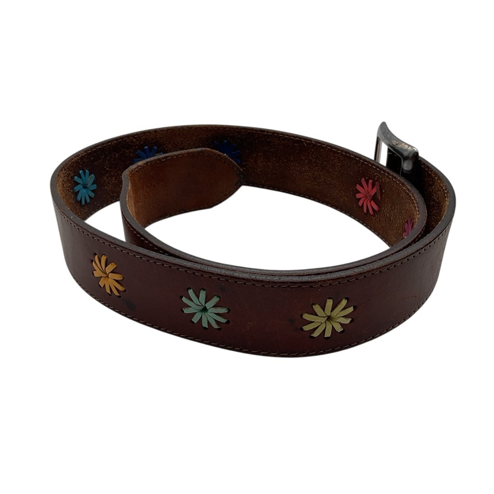 Vintage Brown Leather Belt with flower‎ design size 32”